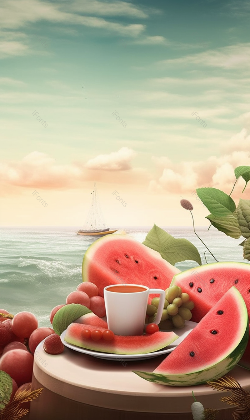 蓝色夏季海边喝奶茶吃西瓜室外美景插画背景,插画/手绘图,插画/手绘图库,插画/手绘图下载,插画/手绘